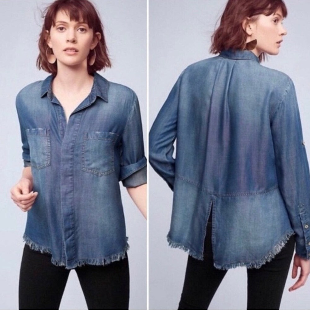 Cloth & Stone Tencel Denim Shirt Fringe Hem Long Sleeve Button Down Top